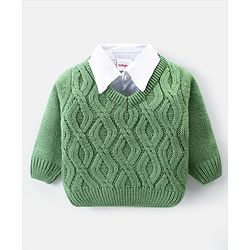 Babyhug Knitted Full Sleeves Collar Neck Pullover Sweater With Cable Knit Design - Green