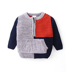 Babyhug Knitted Full Sleeves Pullover Sweater with Colour Block Design & Kangaroo Pocket - Multicolour
