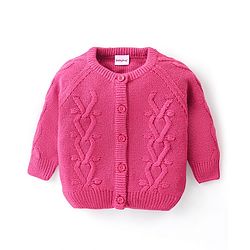 Babyhug Knitted Full Sleeves Front Open Sweater with Cable Knit Design - Fuchsia