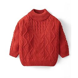 Babyhug Knit Full Sleeves Turtle Neck Sweater With Cable Knit Design - Rust