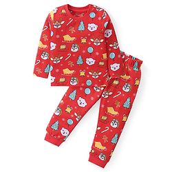 Babyhug Cotton Knit Full Sleeves Night Suit With Christmas Theme Print - Red