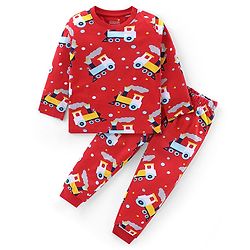 Babyhug Cotton Knit Full Sleeves Night Suit With Steam Engine Print - Red