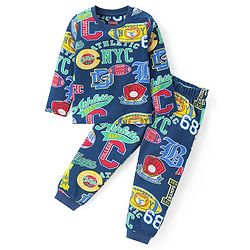 Babyhug Cotton Knit Full Sleeves Night Suit With Varsity Print - Navy