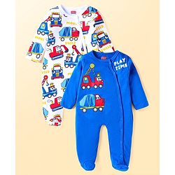 Babyhug Cotton Knit Full Sleeves Sleep Suits With Construction Vehicles Print Pack Of 2 - White & Navy