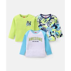 Babyhug Cotton Knit Full Sleeves Text Printed T-Shirts Pack of 3 - Light Green White & Navy Blue
