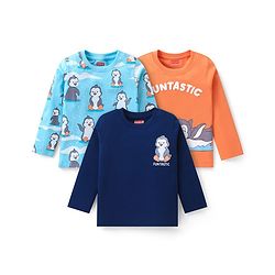 Babyhug Cotton Knit Full Sleeves T-Shirts With Penguins Print Pack Of 3 - Navy Orange & Sky Blue