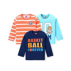 Babyhug Cotton Knit Full Sleeves Striped T-Shirts with Text Print Pack of 3 - Blue & Orange