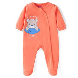 Babyhug Cotton Knit Full Sleeves Footed Sleep Suit With Teddy Bear Print - Orange
