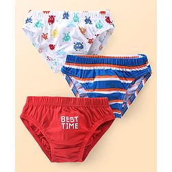 Babyhug 100% Cotton Antibacterial Briefs With Stripes & Robotic Print Pack of 3 - Blue White & Red