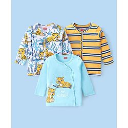 Babyhug 100% Cotton Knit Full Sleeves Antibacterial Striped Front Open Vest Cub Print Pack of 3 - White Yellow & Blue