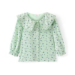 Babyhug Rayon Knit Full Sleeves Front Open Peter Pan Collared Top with Floral Print - Green
