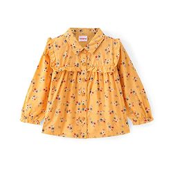 Babyhug Full Peasant Sleeves Front Open Collared Top with Floral Print - Yellow