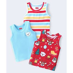 Babyhug 100% Cotton Single Jersey Knit Sleeveless Antibacterial Sandos with Stripes & Animals Print Pack of 3 - Red & Blue