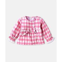 Babyhug Full Peasant Sleeves Checks Top with Bow - Pink & White
