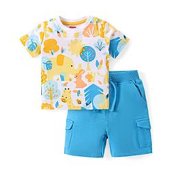 Babyhug Single Jersey Knit Half Sleeves T-Shirt & Shorts Set with Elephant Print - Blue & White