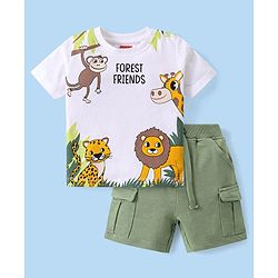 Babyhug Single Jersey Knit Half T-Shirt & Shorts Set Animal Print - Green & White