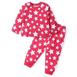 Babyhug Cotton Knit Full Sleeves Night Suit With Stars Print - Red