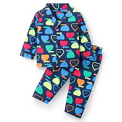 Babyhug Cotton Knit Full Sleeves Front Open Night Suit With Fruits Print - Navy