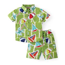 Babyhug Cotton Knit Half Sleeves Shirt & Shorts Co-Ord Set With Beach Theme Print - Green