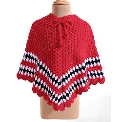 Babyhug Woollen Half Sleeves Hand Knitted Poncho with Striped Design - Red