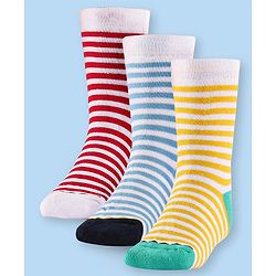 Cute Walk by Babyhug Terry Knit Anti-Bacterial Ankle Length Striped Socks Pack of 3 - Red Blue & Yellow