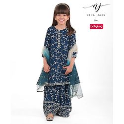 Babyhug Georgette Woven Three Fourth Sleeves Embroidered Kurti Palazzo Co-Ord Set with Dupatta - Teal