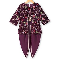 Babyhug Woven Velvet Floral Embroidered Top With Dhoti & Three Fourth Sleeves Jacket Set - Wine