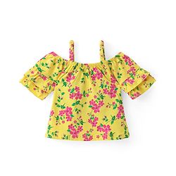 Babyhug Cotton Knit Cold Shoulder Sleeves Top with Frill Detailing & Floral Print - Yellow