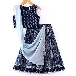 Babyhug Cambric Woven Sleeveless Choli Lehenga & Dupatta Set Floral Print with Tassle Detailing - Indigo