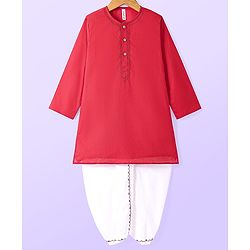 Babyhug Cambric Woven Full Sleeves Floral Embroidery Kurta & Dhoti Set - Red