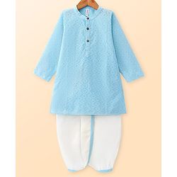 Babyhug Cambric Woven Full Sleeves Embroidered Kurta & Dhoti Set- Sky Blue