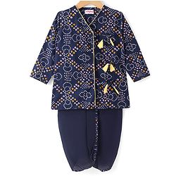 Babyhug Cambric Woven Full Sleeves Bandhani Printed Angarkha Dhoti Set with Tassle Detailing - Navy Blue