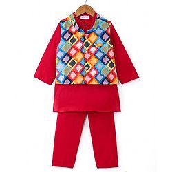 Babyhug Cambric Woven Full Sleeves Solid Colour Kurta Pyjama Set with Printed Jacket - Maroon
