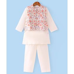 Babyhug Cambric Cotton Woven Full Sleeves Solid Kurta with Pyjama Pants & Floral Printed Jacket - White