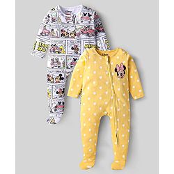 Babyhug Disney Interlock Knit Full Sleeves Sleep Suits With Minnie Mouse Graphics Pack of 2 - White & Yellow