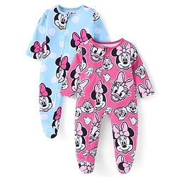 Babyhug Disney Interlock Knit Full Sleeves Sleep Suits With Minnie Mouse & Friends Print Pack Of 2 - Pink & Blue