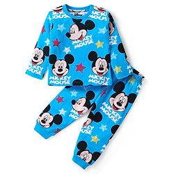 Babyhug Disney Cotton Knit Full Sleeves Night Suit with Mickey Mouse Print - Blue