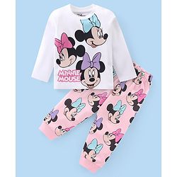 Babyhug Disney Single Jersey Full Sleeves Night Suit With Minnie Mouse Graphics - White & Pink