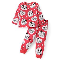 Babyhug Disney Single Jersey Knit Full Sleeves Night Suit with Minnie Mouse Print - Red