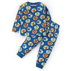 Babyhug Disney Cotton Knit Full Sleeves Night Suit with Mickey Mouse Graphics - Blue