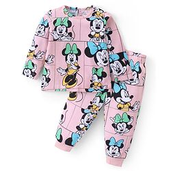 Babyhug Disney Cotton Knit Full Sleeves Night Suit with Minnie Mouse Print - Pink