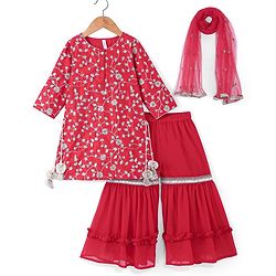 Babyhug Woven Three Fourth Sleeves Embroidered Kurti Gharara & Dupatta Set with Tassle Detailing - Red
