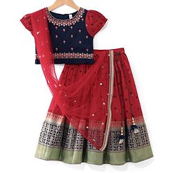 Babyhug Woven Short Sleeves Brocade Pattu Pavada Lehenga Choli & Dupatta Set- Red & Navy