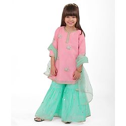 Babyhug Woven Full Sleeves Sequinned Chanderi Floral Embroidered Kurti Gharara & Net Dupatta Set - Pink & Blue