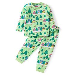 Babyhug Cotton Knit Full Sleeve Night Suit Scenery Print- Green
