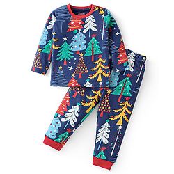 Babyhug Cotton Knit Full Sleeves Night Suit with Christmas Tree Print - Navy Blue