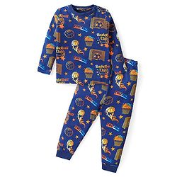 Babyhug Cotton Knit Full Sleeves Night Suit With Basket Ball Print - Navy Blue