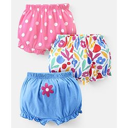 Babyhug 100% Cotton Knit Bloomers With Floral & Polka Dot Print Pack of 3 - Blue White & Pink