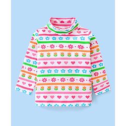 Babyhug Cotton Knit Full Sleeves Turtle Neck T-Shirt Floral Print- Multicolour