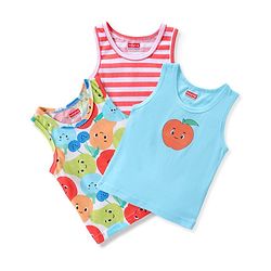 Babyhug 100% Cotton Knit Sleeveless Sandos with Striped & Fruits Print Pack of 3 - Multicolour